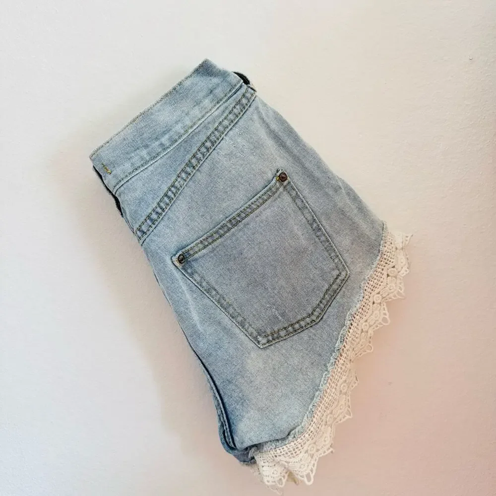 FP FREE PEOPLE Light Blue White Lace Trim Cutoff Distressed Mini Jean Shorts 26